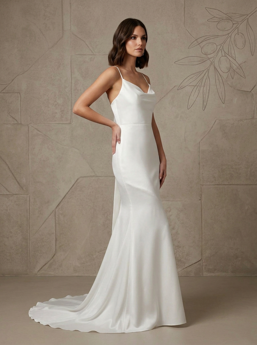 White Satin Cowl-Neck Spaghetti Straps Mermaid Wedding Dress