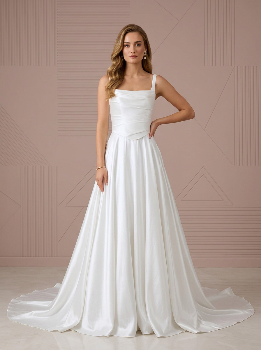 White Satin Square-Neck A-Line Wedding Dress