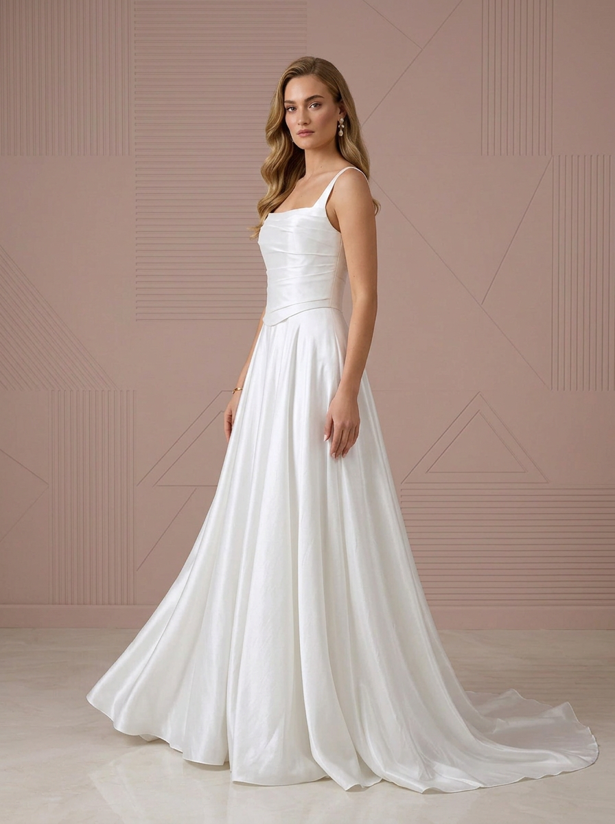 White Satin Square-Neck A-Line Wedding Dress