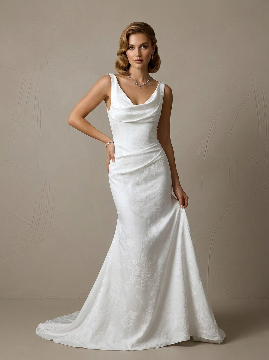White Floral Jacquard Cowl-Neck Mermaid Wedding Dress