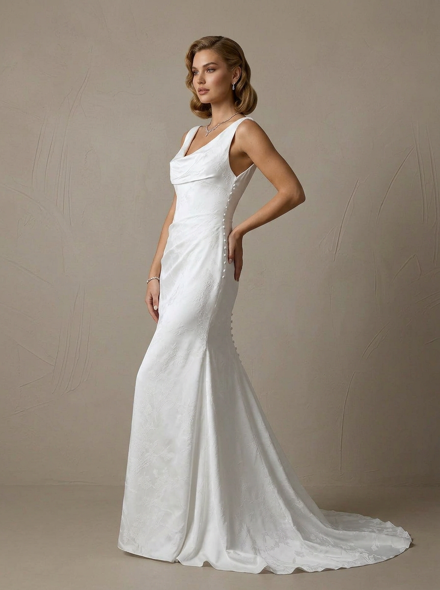 White Floral Jacquard Cowl-Neck Mermaid Wedding Dress