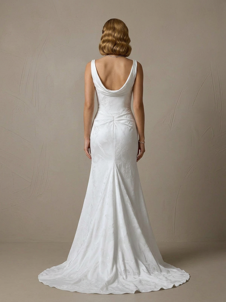 White Floral Jacquard Cowl-Neck Mermaid Wedding Dress