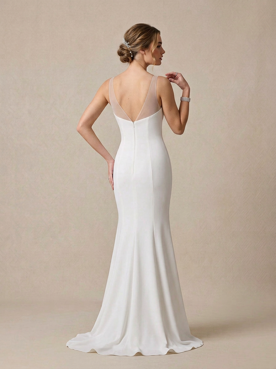 White Beaded-Neckline Sleeveless Mermaid Wedding Dress