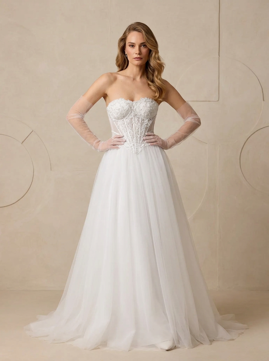 White A-Line Strapless Sweetheart Lace Wedding Dress