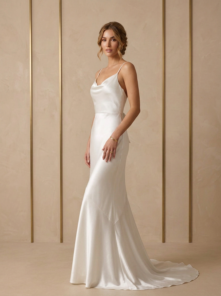 White Satin Cowl Neck Spaghetti Straps Mermaid Wedding Dress 