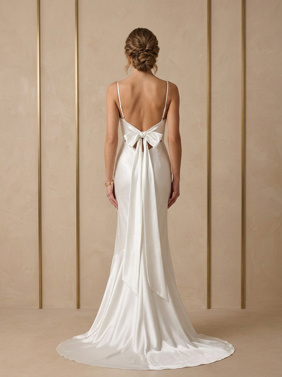 White Satin Cowl Neck Spaghetti Straps Mermaid Wedding Dress 