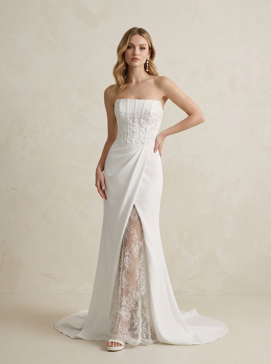White A-Line Strapless Crepe Back Satin Mermaid Wedding Dress