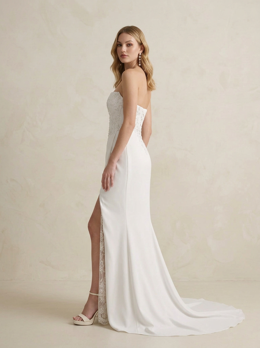 White A-Line Strapless Crepe Back Satin Mermaid Wedding Dress