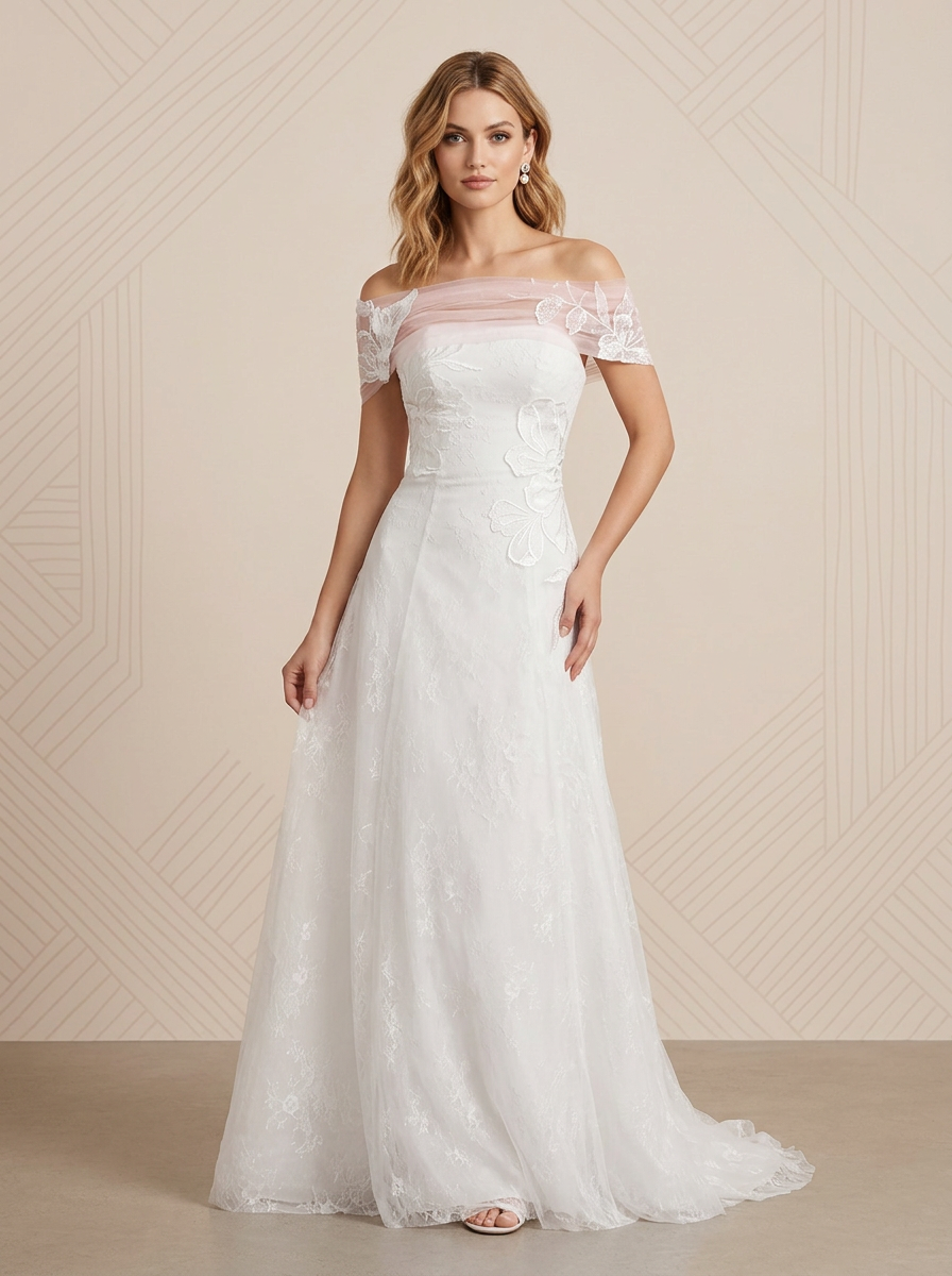 White A-Line Off the Shoulder Tulle Wedding Dress 