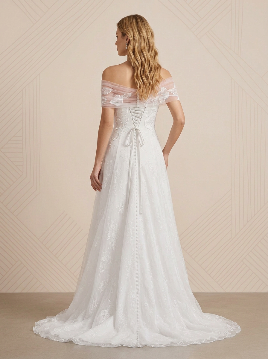 White A-Line Off the Shoulder Tulle Wedding Dress 