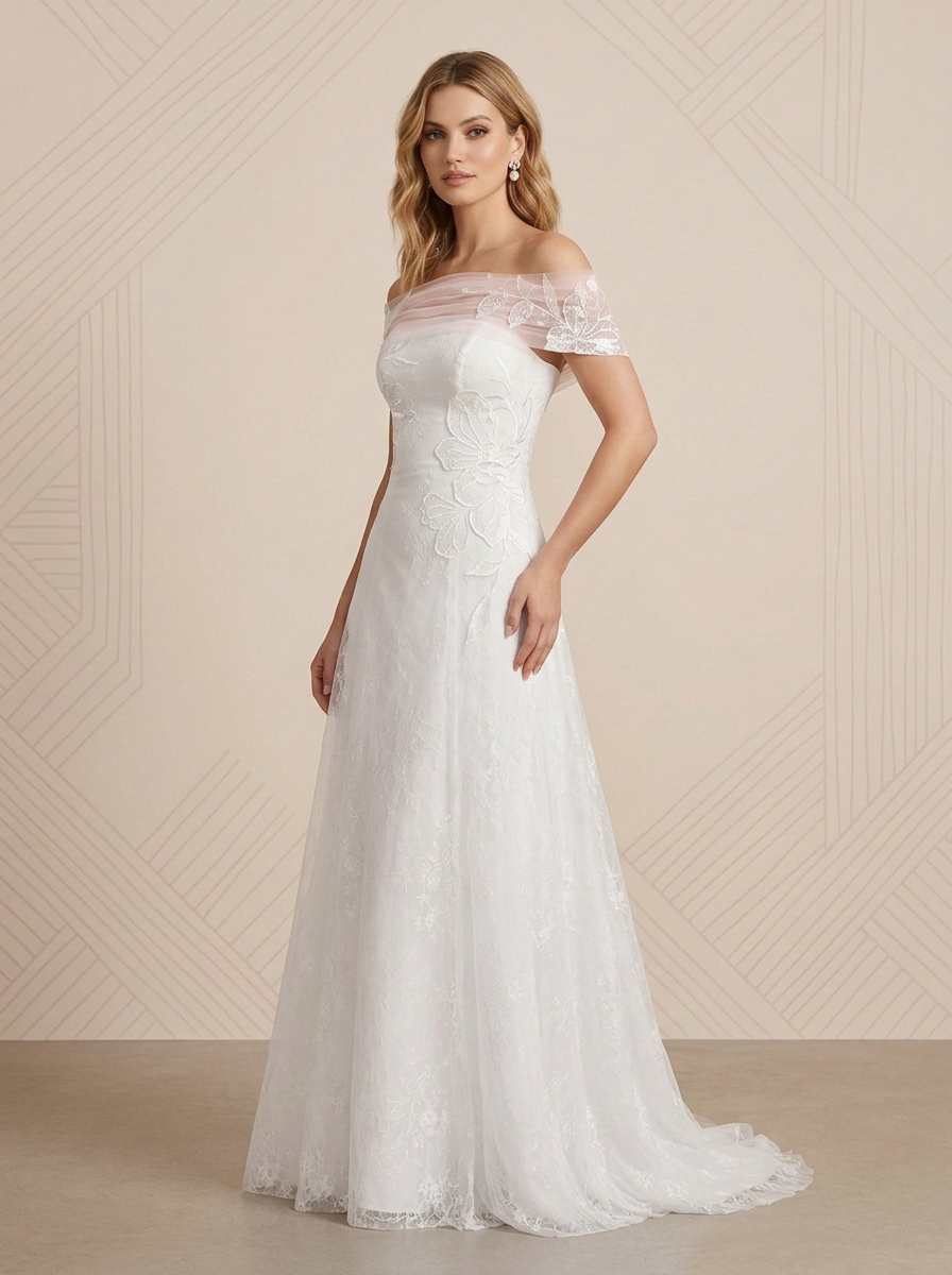 White A-Line Off the Shoulder Tulle Wedding Dress 
