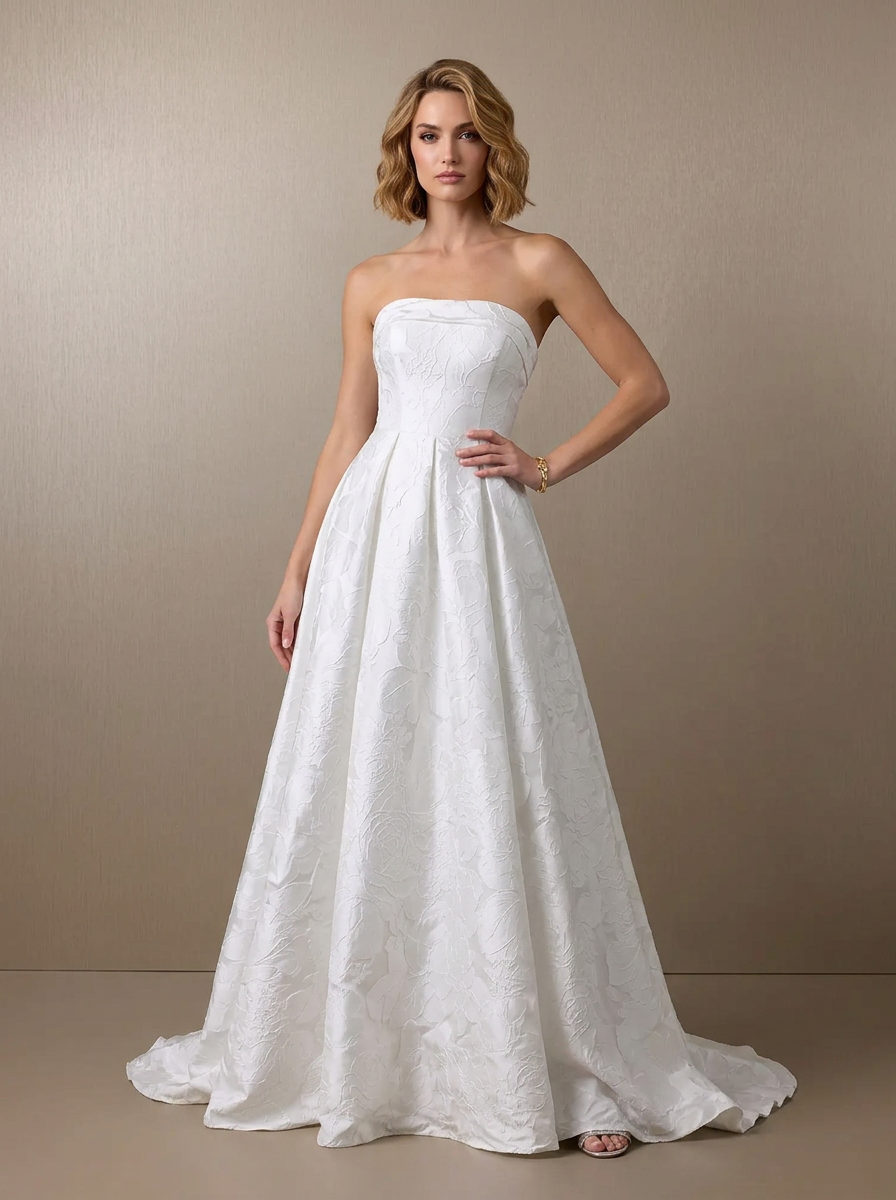 Ethereal White Strapless Jacquard A-Line Wedding Dress