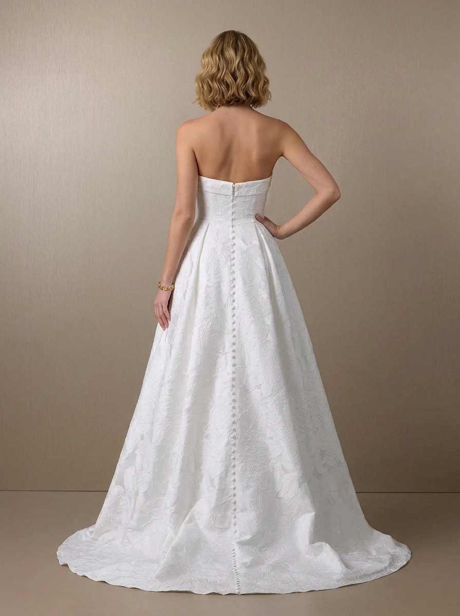 Ethereal White Strapless Jacquard A-Line Wedding Dress