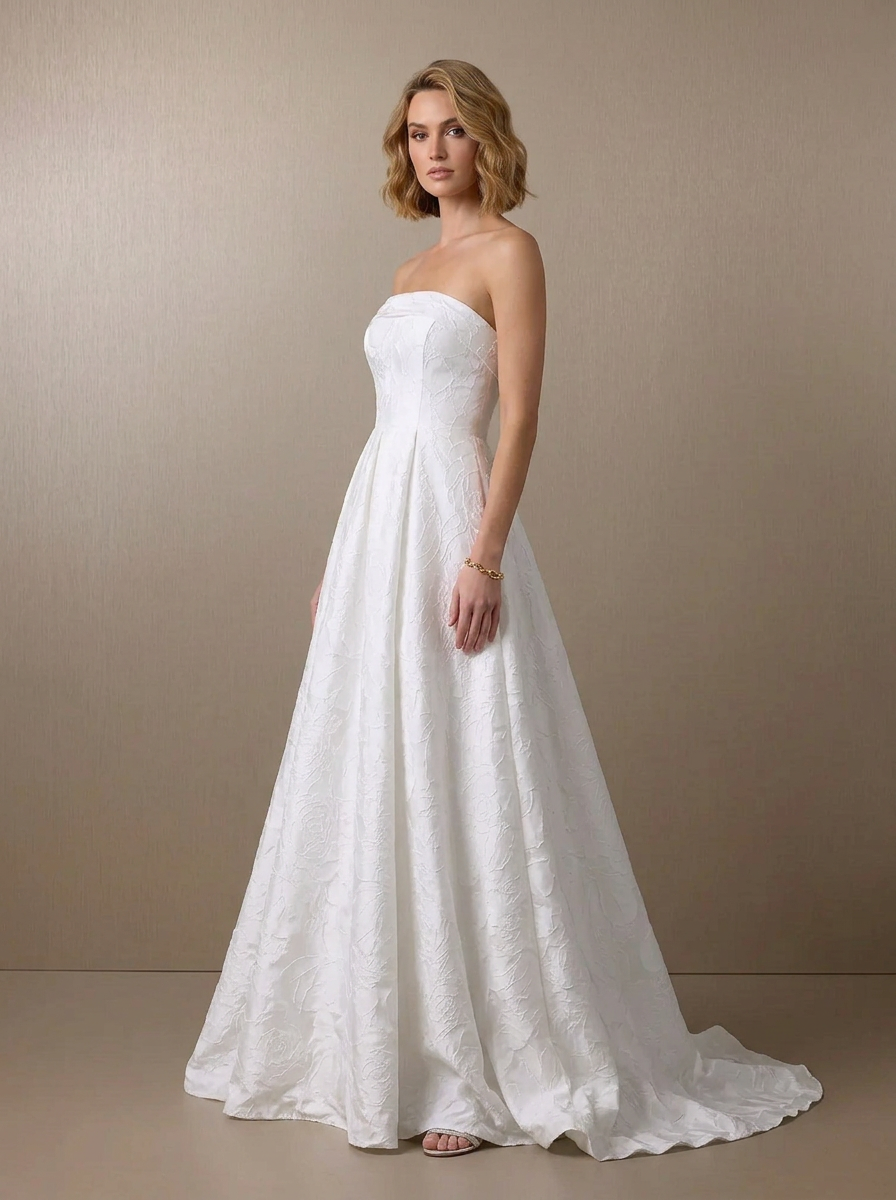 Ethereal White Strapless Jacquard A-Line Wedding Dress