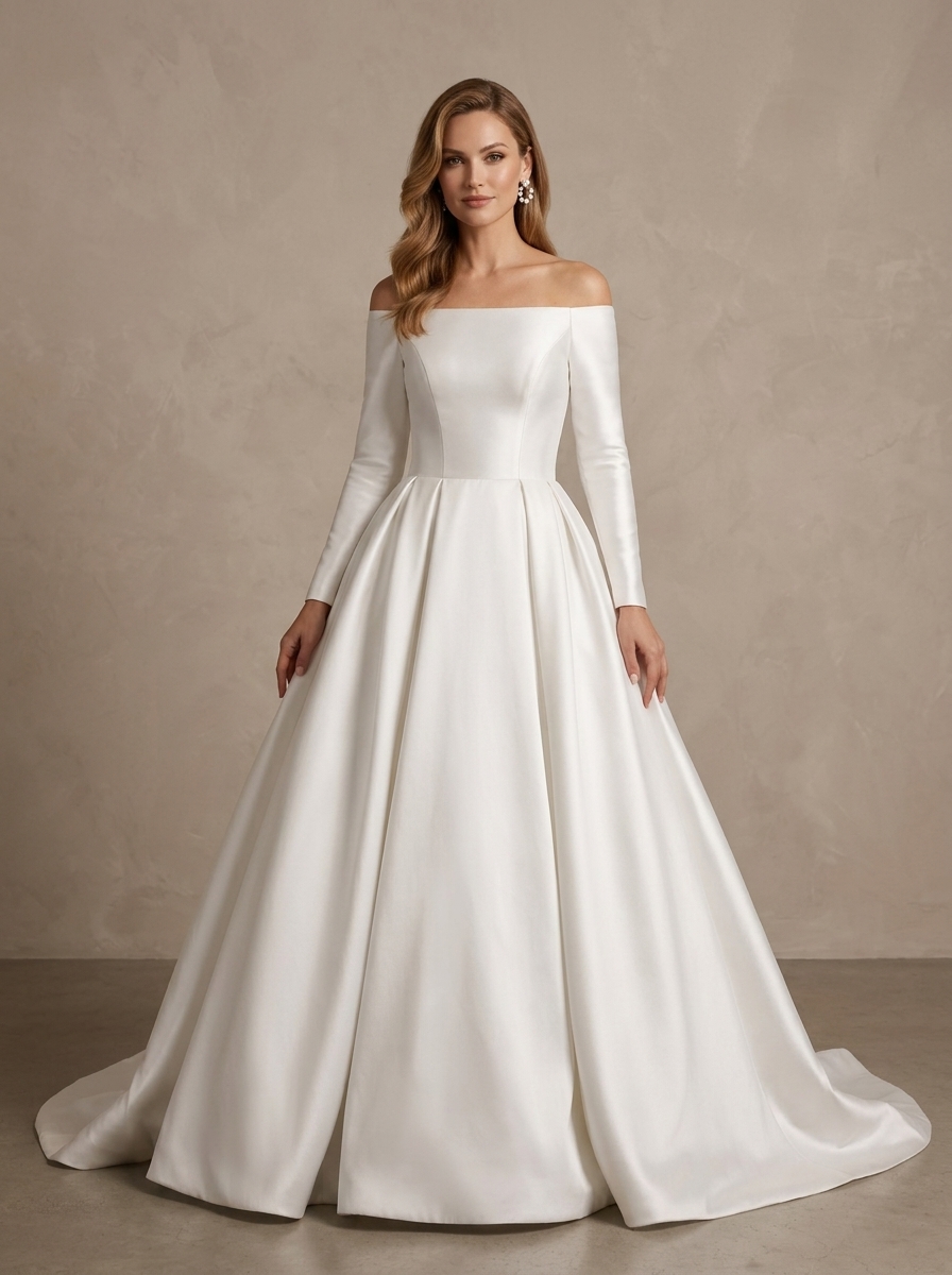 White Off-the-Shoulder Long-Sleeve Satin A-Line Wedding Dress