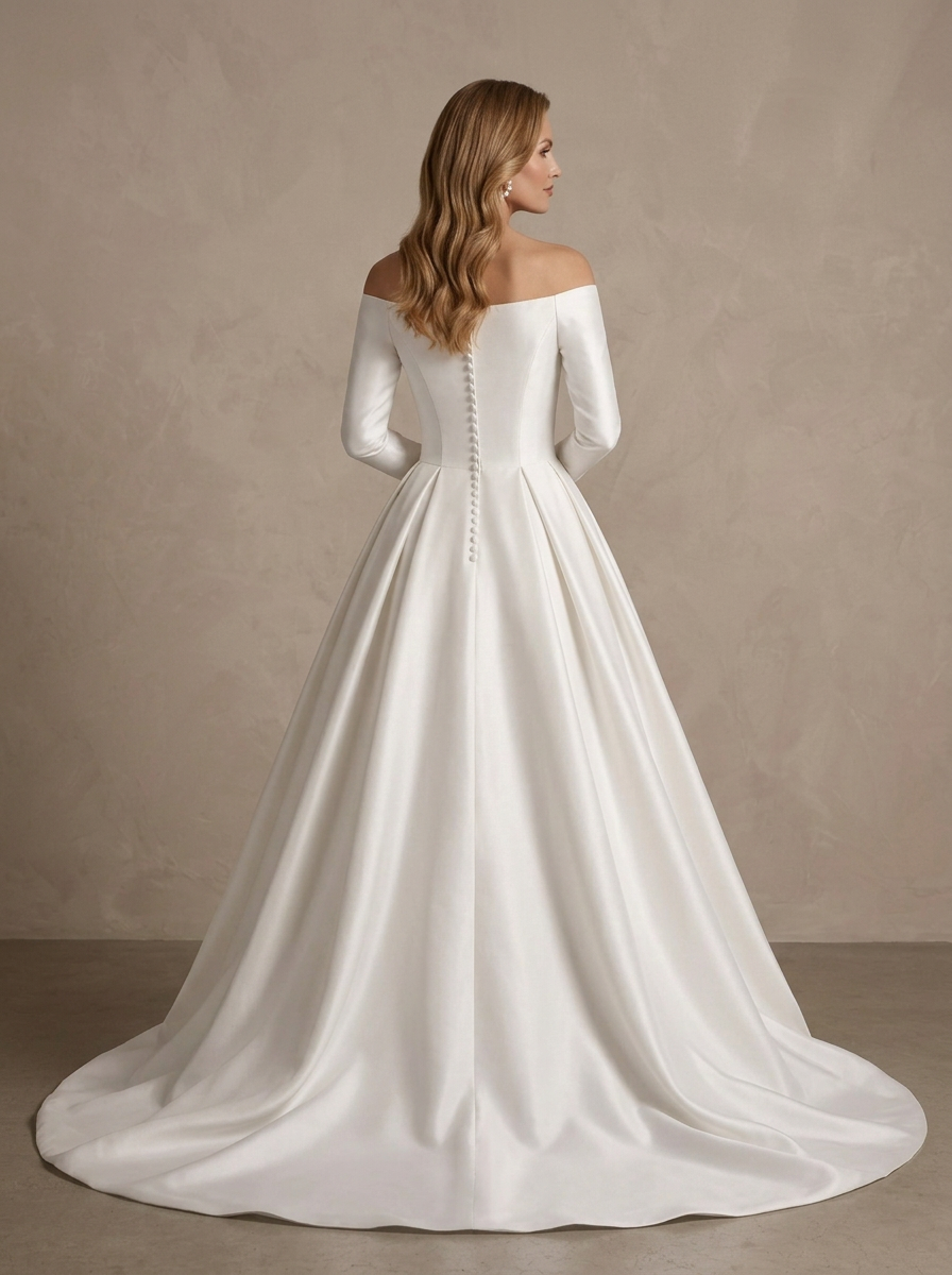 White Off-the-Shoulder Long-Sleeve Satin A-Line Wedding Dress