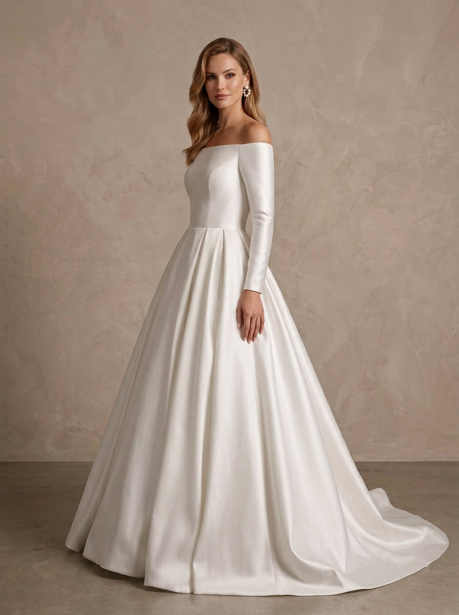 White Off-the-Shoulder Long-Sleeve Satin A-Line Wedding Dress