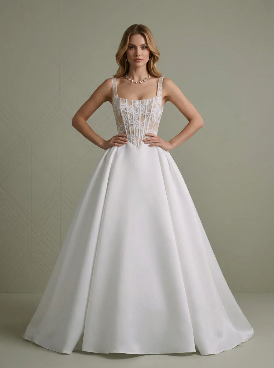 White Square-Neck Corset Sleeveless A-Line Wedding Dress