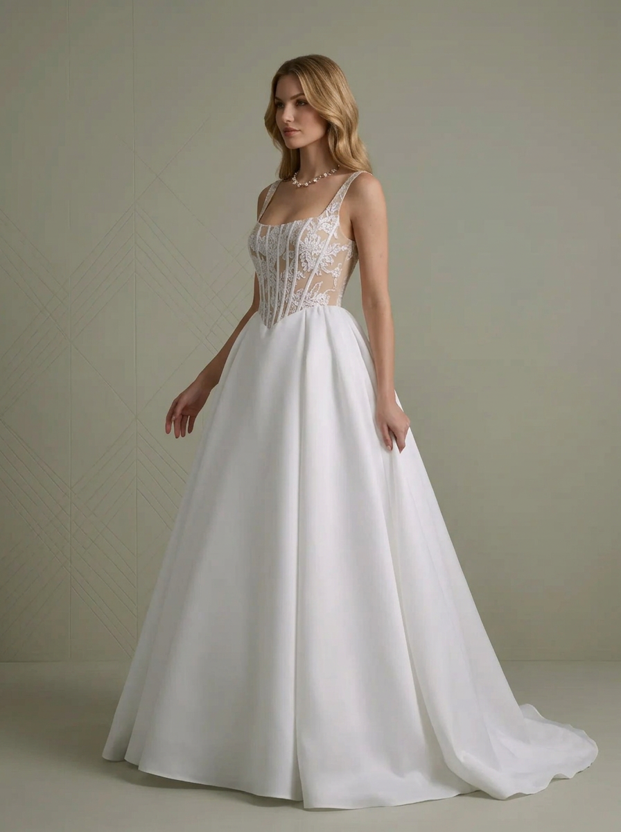 White Square-Neck Corset Sleeveless A-Line Wedding Dress