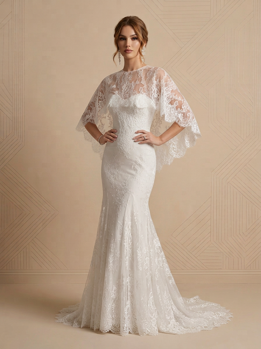 White Lace Caplet Sweetheart Mermaid Maxi Wedding Dress