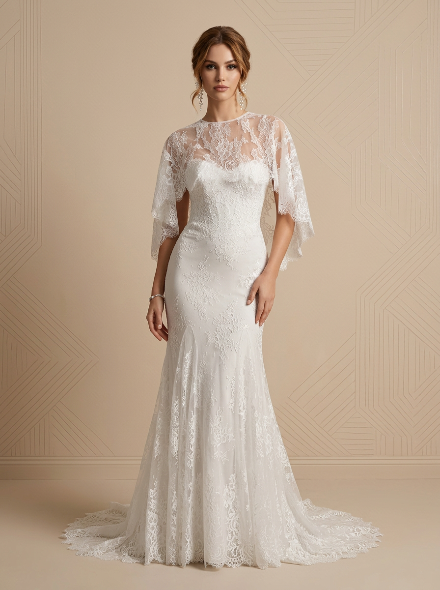 White Lace Caplet Sweetheart Mermaid Maxi Wedding Dress