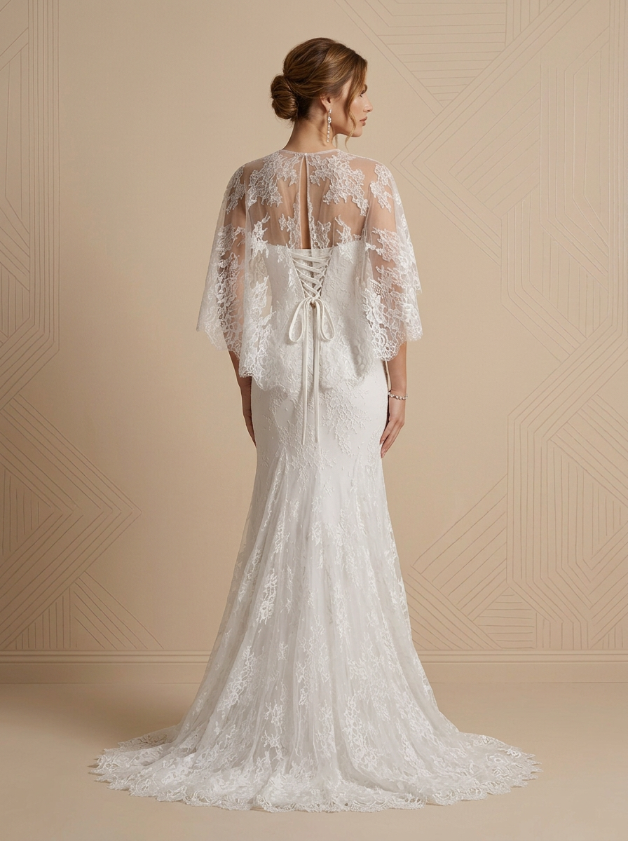 White Lace Caplet Sweetheart Mermaid Maxi Wedding Dress