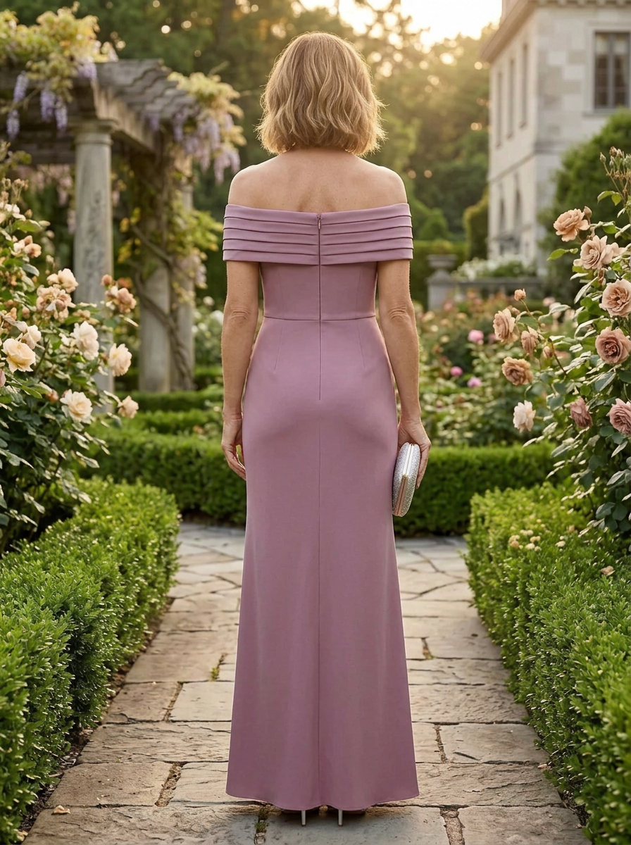 Elegantly Draped Dusty Rose Off-the-Shoulder Sheath Maxi Mother of the Bride & Groom Dresses With Slit
