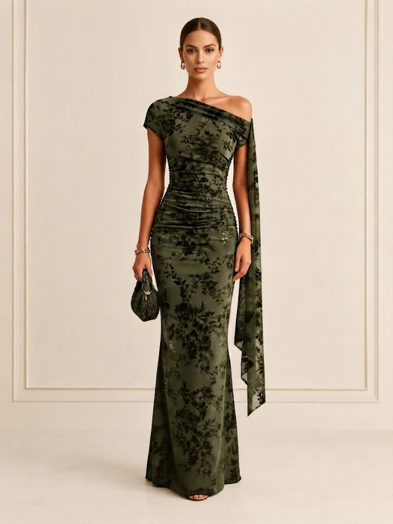 Olive Green Velvet Floral Draped One-Shoulder Sheath Maxi Evening Gown Dress