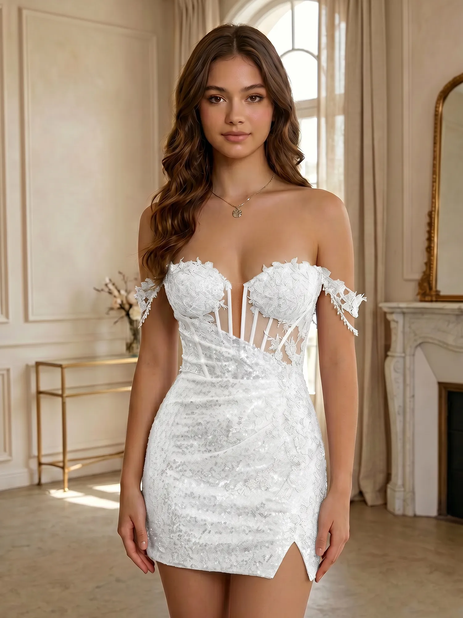 Off-the-Shoulder Sequin Lace Corset Homecoming Dress