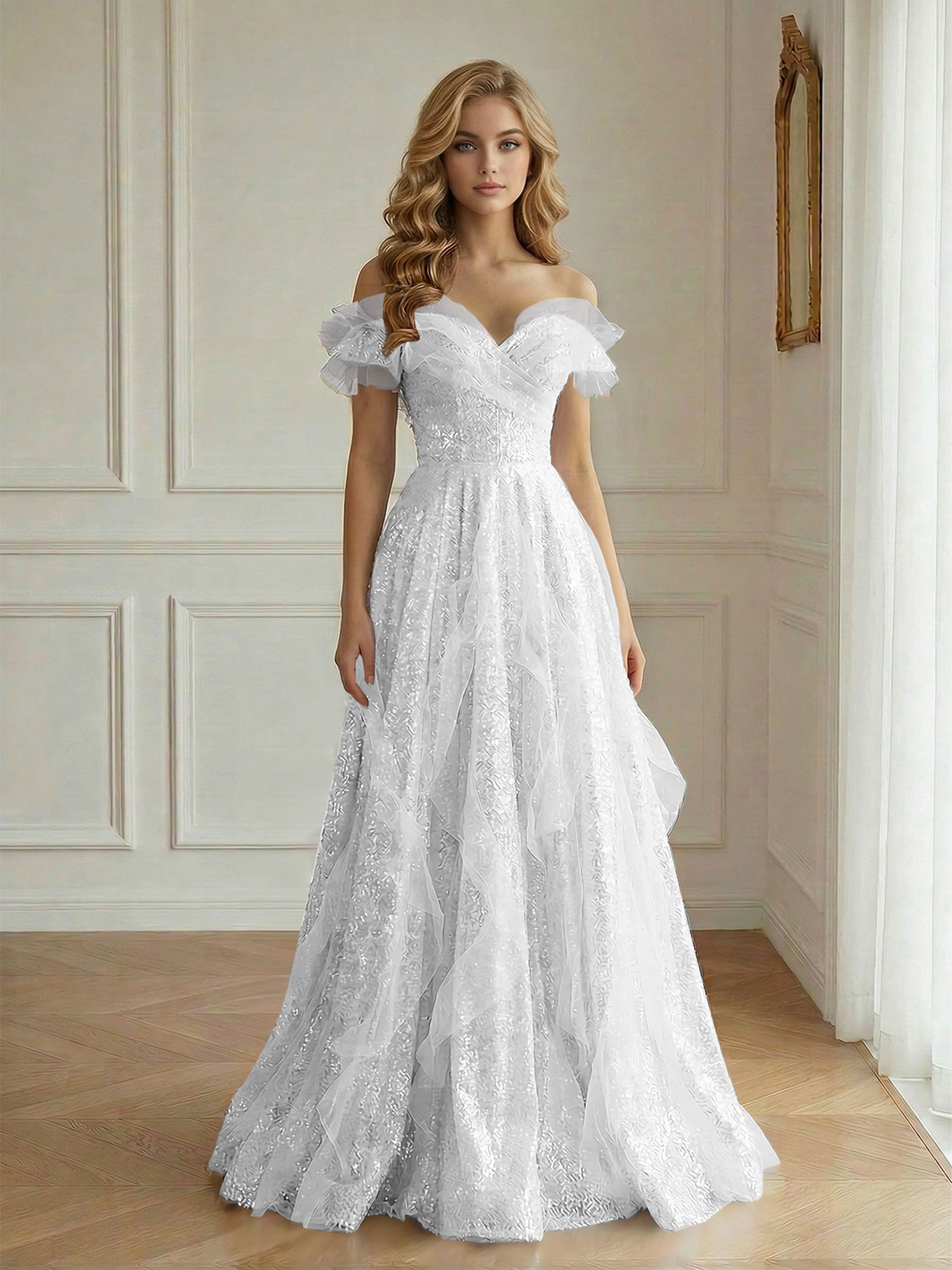 Enchanting Off-the-Shoulder Sequin Tulle A-Line Gown with Ruffled Detailing