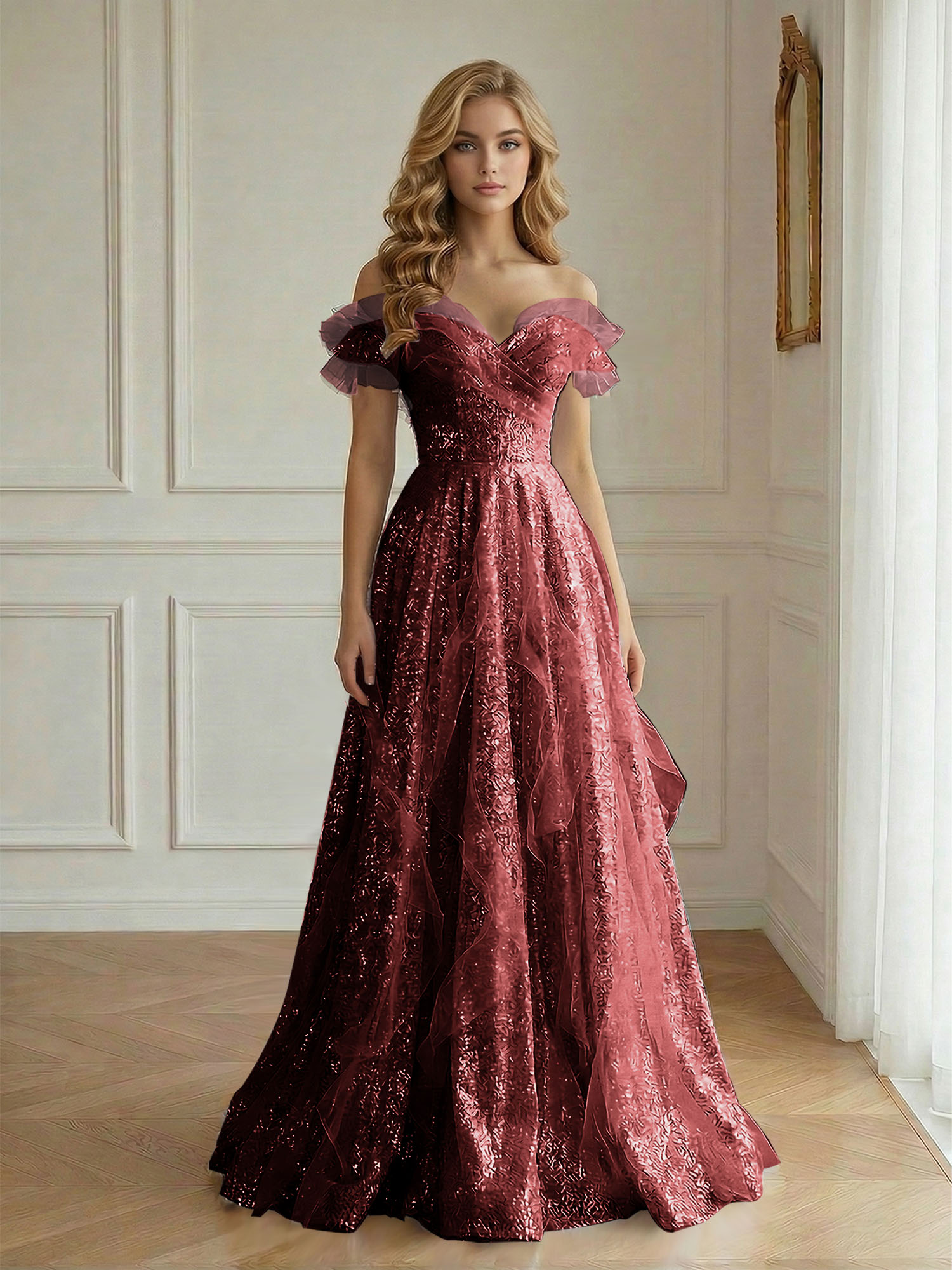 Enchanting Off-the-Shoulder Sequin Tulle A-Line Gown with Ruffled Detailing