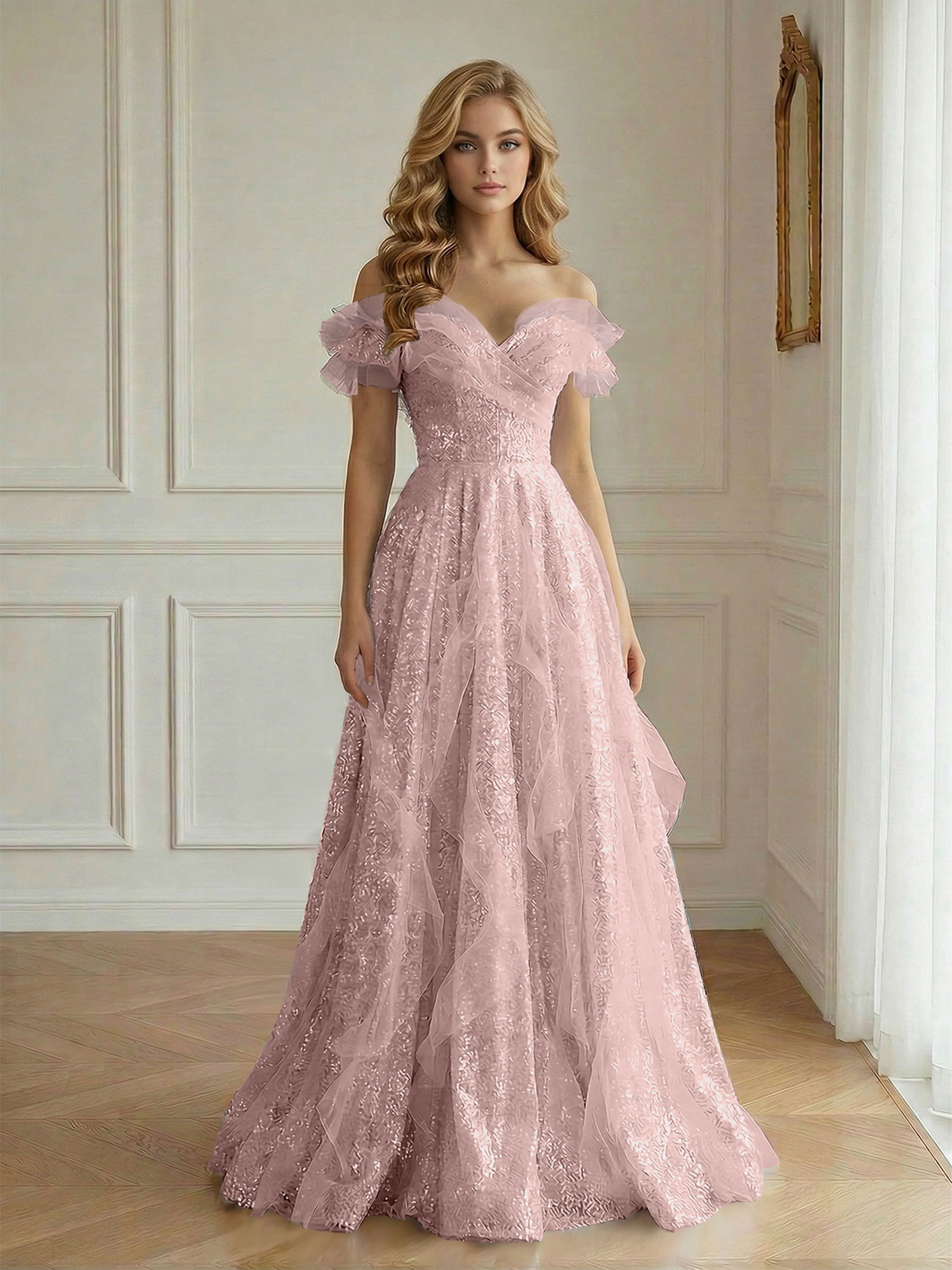 Enchanting Off-the-Shoulder Sequin Tulle A-Line Gown with Ruffled Detailing