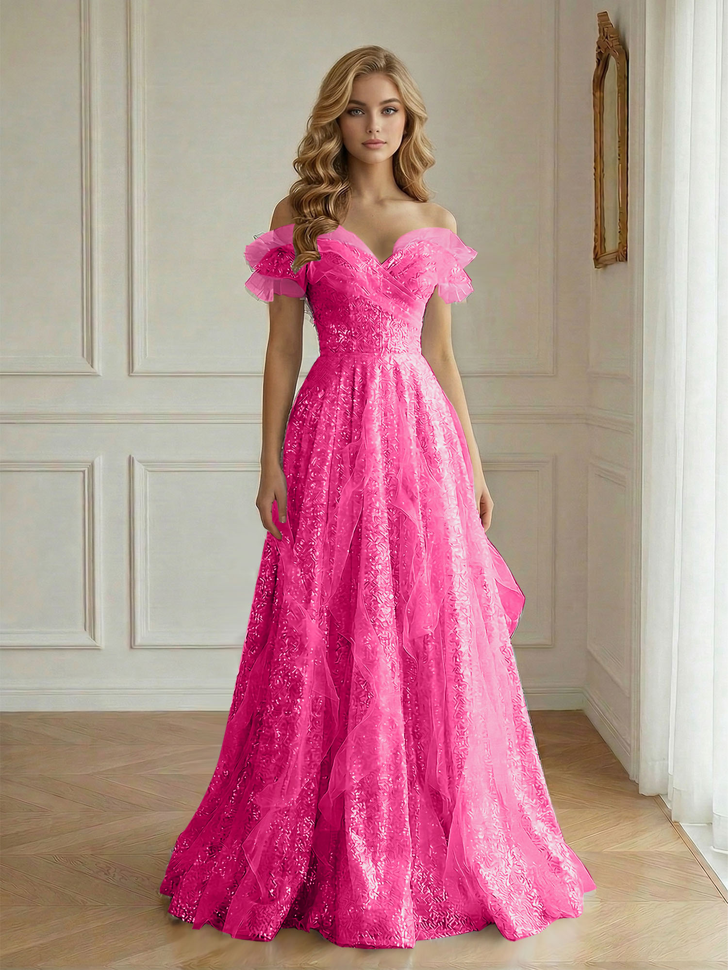 Enchanting Off-the-Shoulder Sequin Tulle A-Line Gown with Ruffled Detailing
