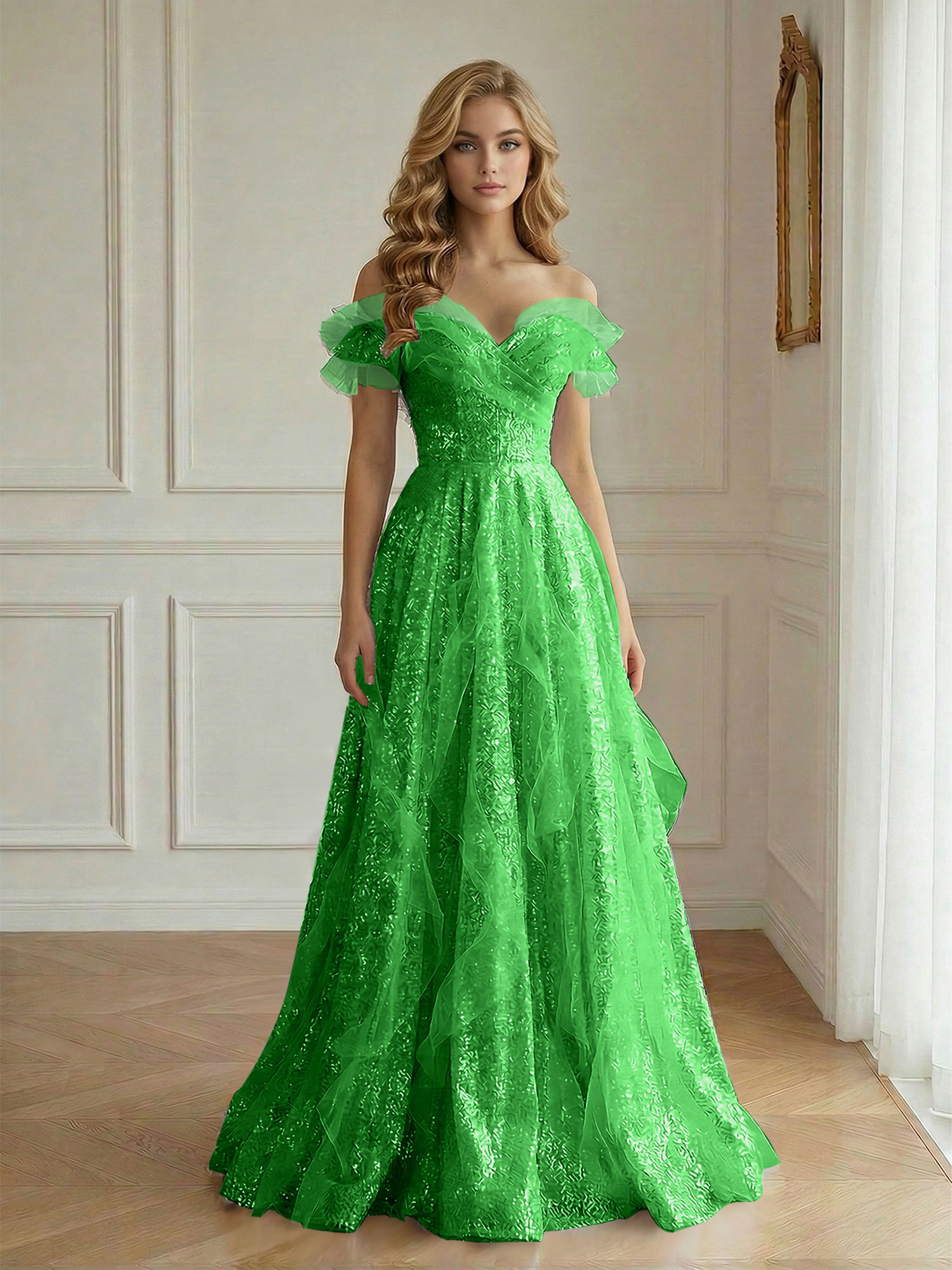Enchanting Off-the-Shoulder Sequin Tulle A-Line Gown with Ruffled Detailing
