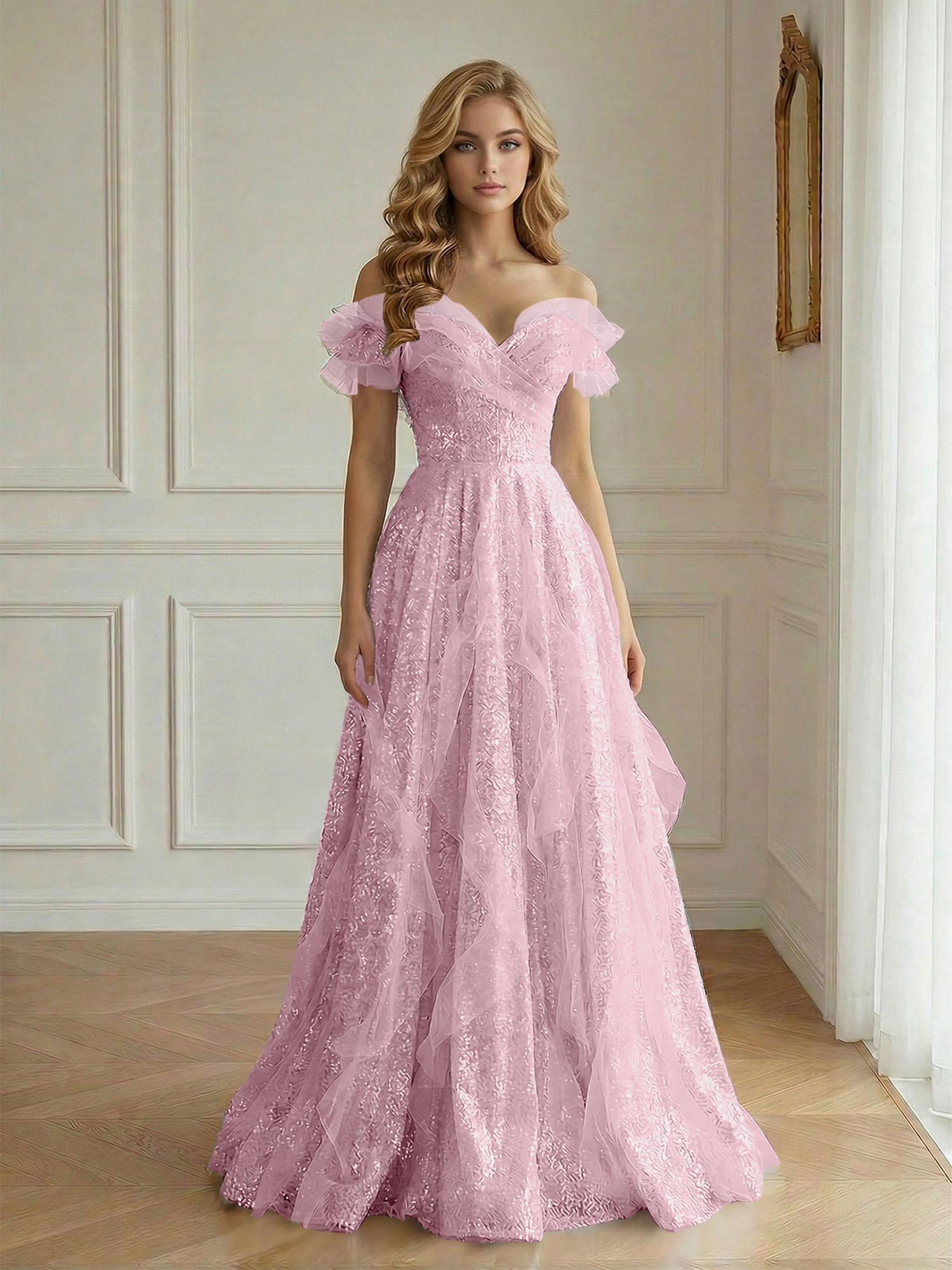 Enchanting Off-the-Shoulder Sequin Tulle A-Line Gown with Ruffled Detailing