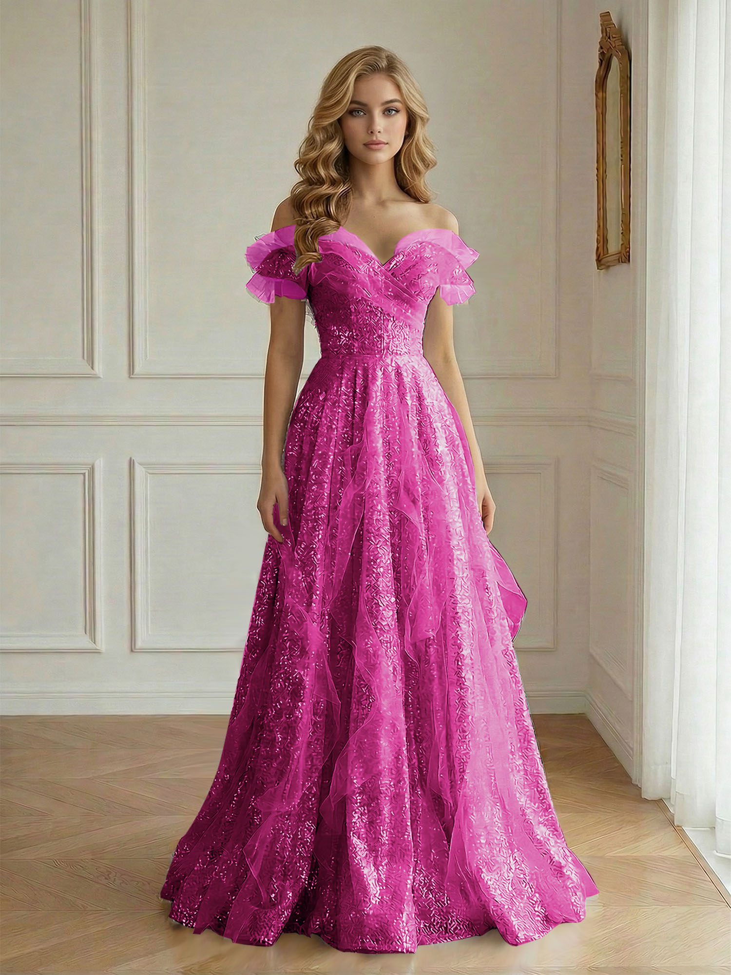 Enchanting Off-the-Shoulder Sequin Tulle A-Line Gown with Ruffled Detailing