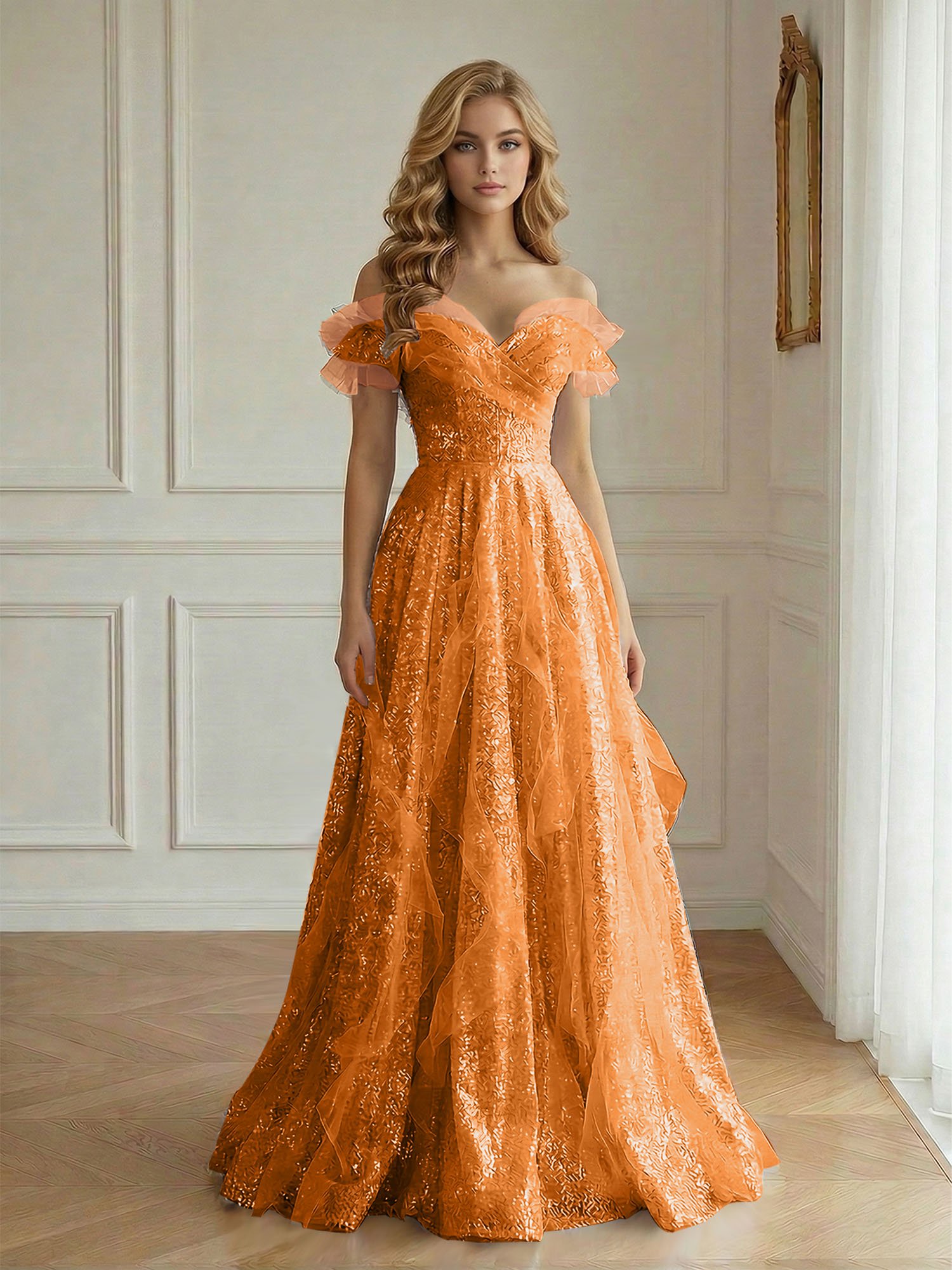 Enchanting Off-the-Shoulder Sequin Tulle A-Line Gown with Ruffled Detailing