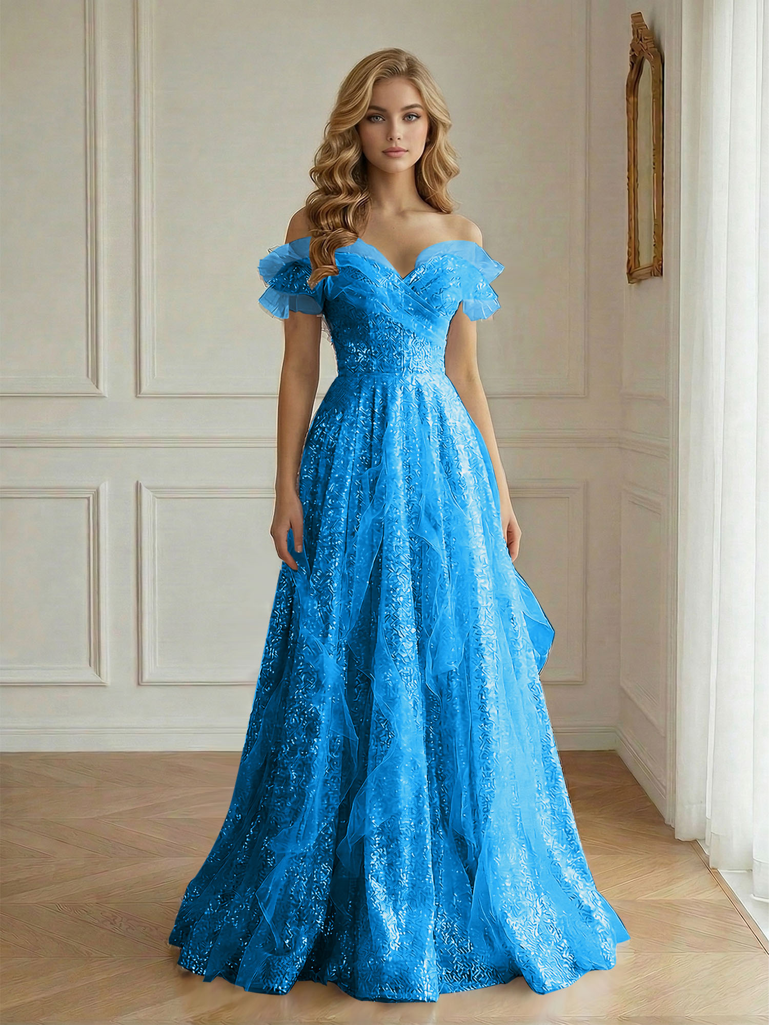 Enchanting Off-the-Shoulder Sequin Tulle A-Line Gown with Ruffled Detailing