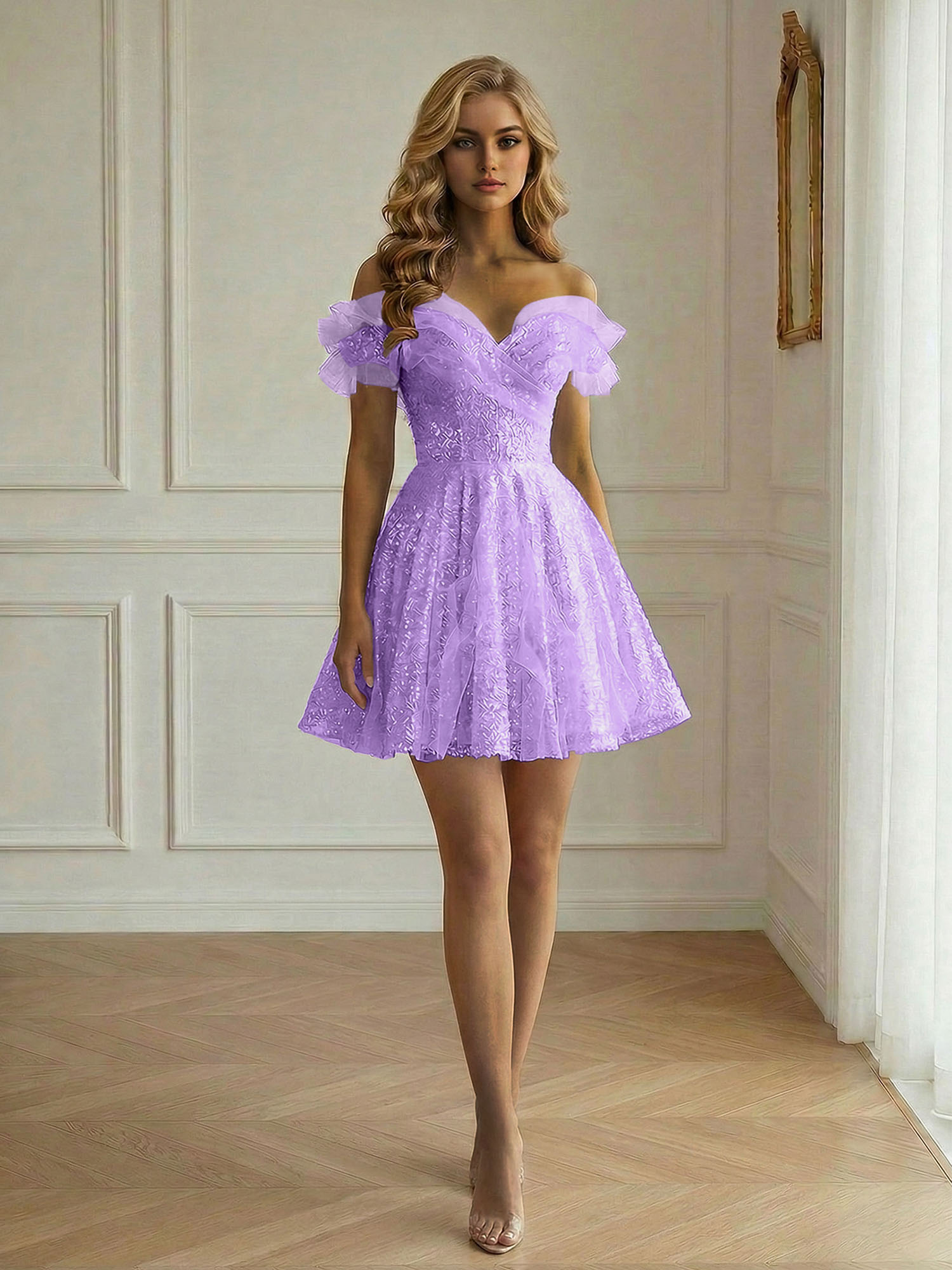 Enchanting Off-the-Shoulder Ruffled Sequin A-Line Short Dress with Corset Back