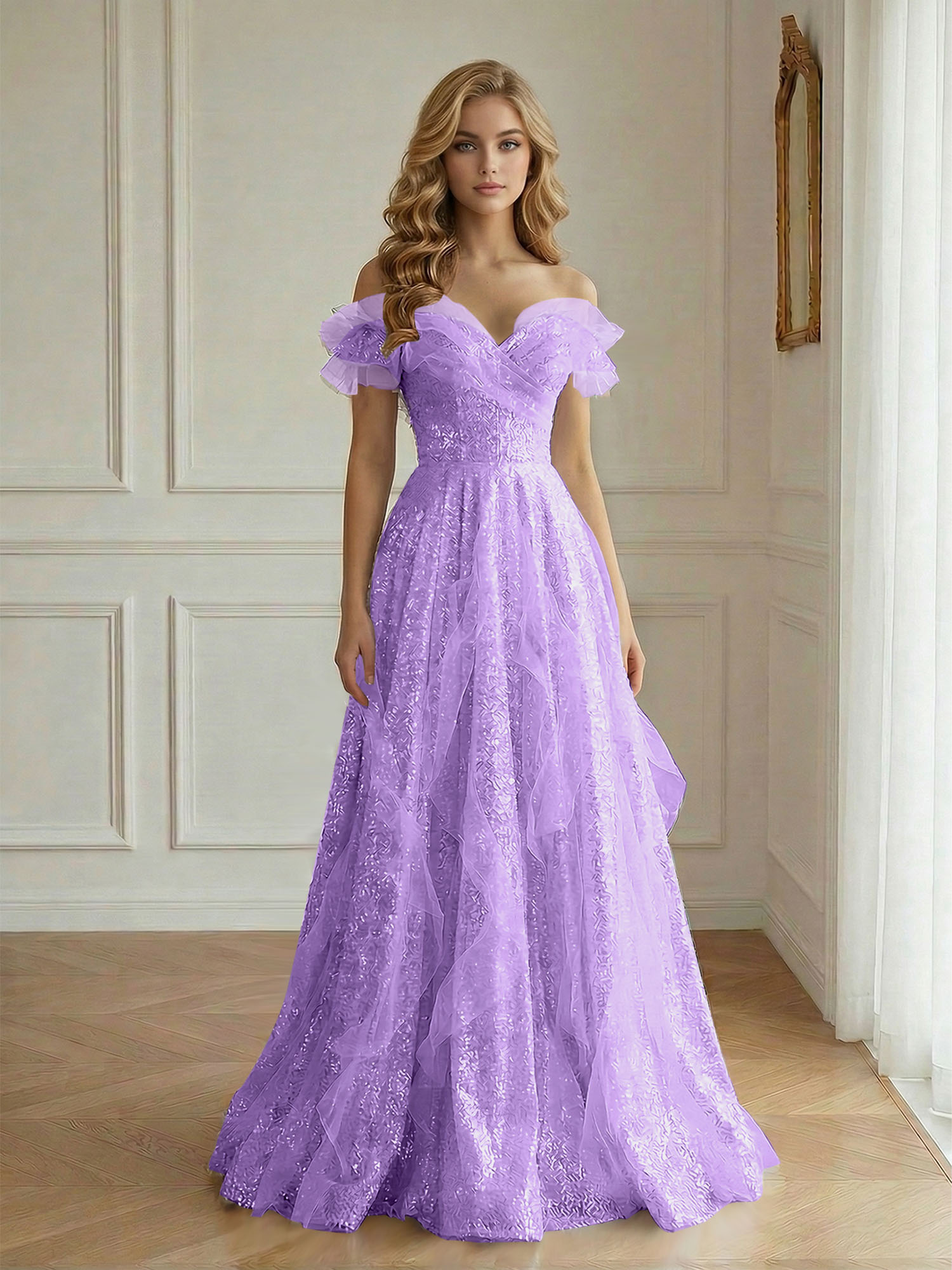 Enchanting Off-the-Shoulder Sequin Tulle A-Line Gown with Ruffled Detailing