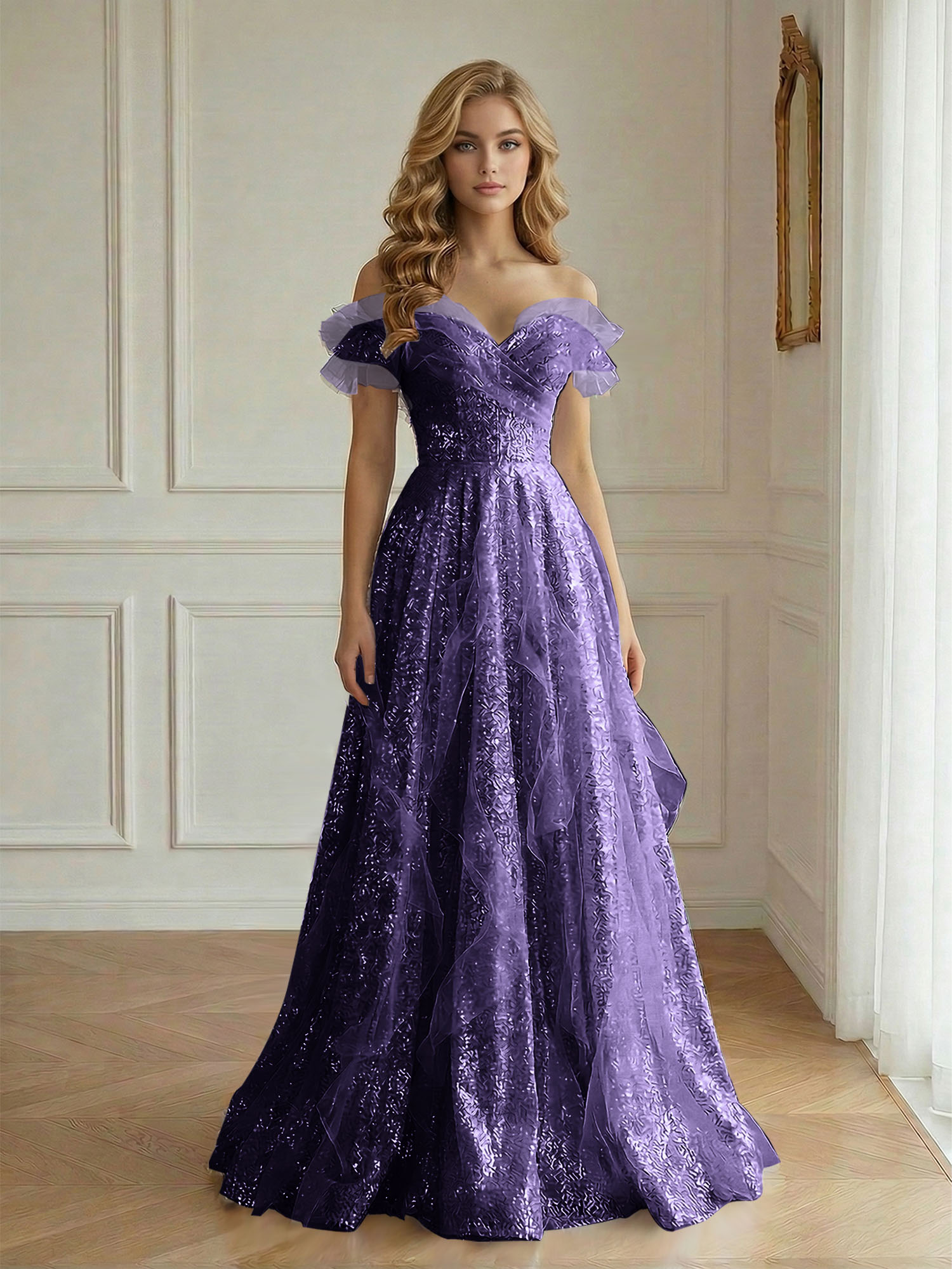 Enchanting Off-the-Shoulder Sequin Tulle A-Line Gown with Ruffled Detailing