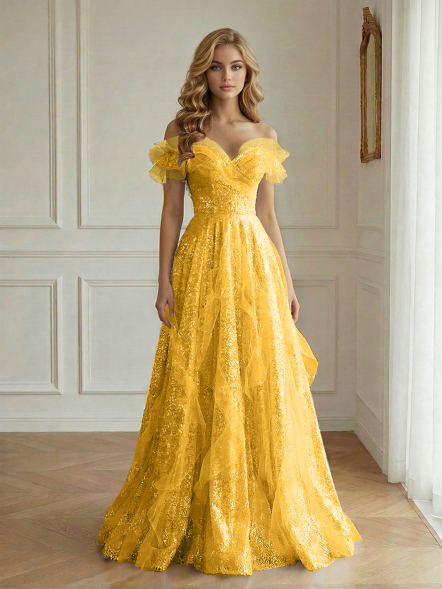 Enchanting Off-the-Shoulder Sequin Tulle A-Line Gown with Ruffled Detailing