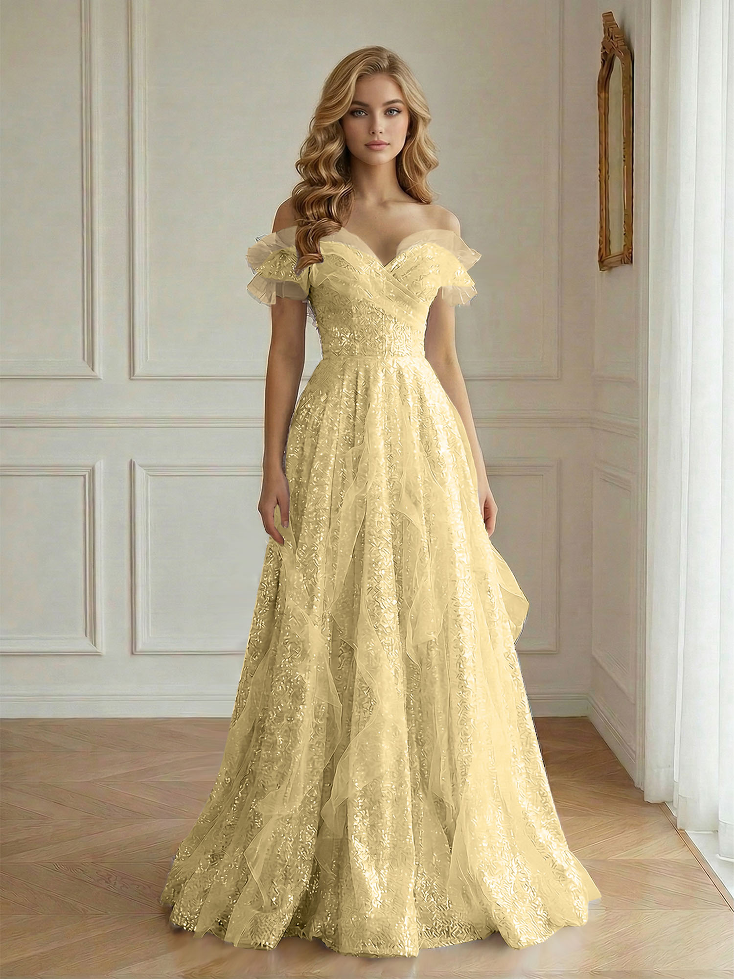 Enchanting Off-the-Shoulder Sequin Tulle A-Line Gown with Ruffled Detailing
