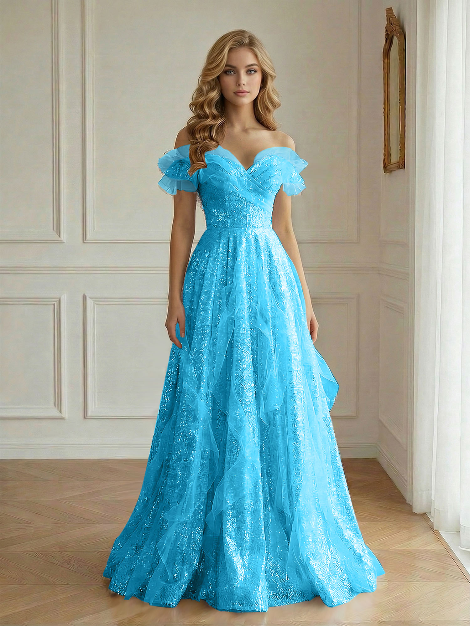 Enchanting Off-the-Shoulder Sequin Tulle A-Line Gown with Ruffled Detailing