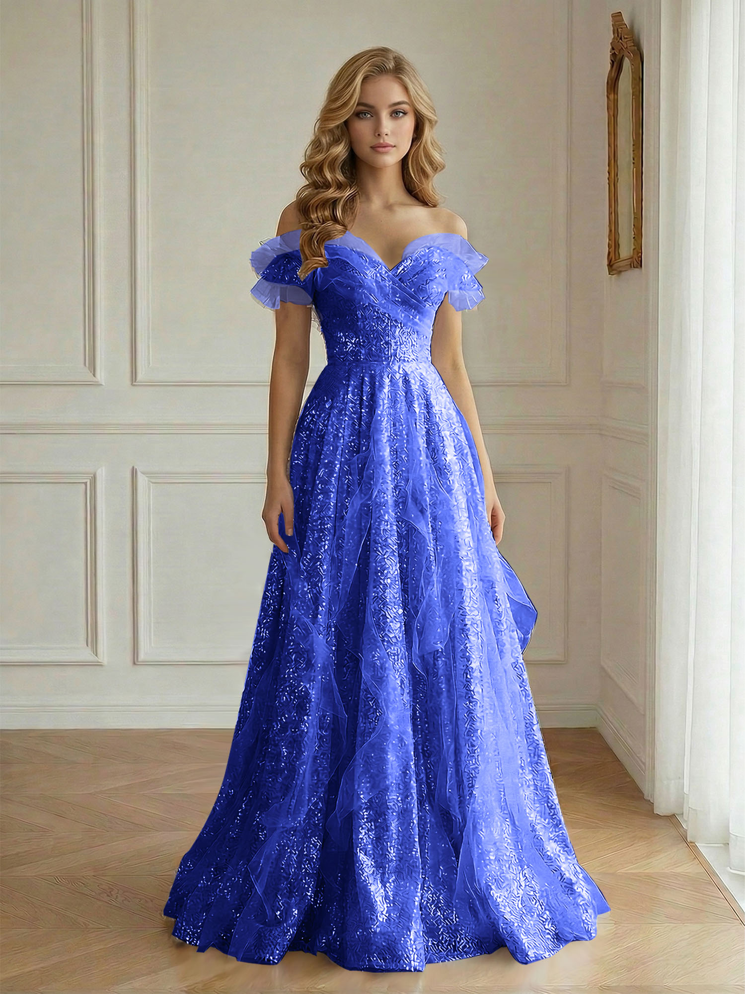 Enchanting Off-the-Shoulder Sequin Tulle A-Line Gown with Ruffled Detailing