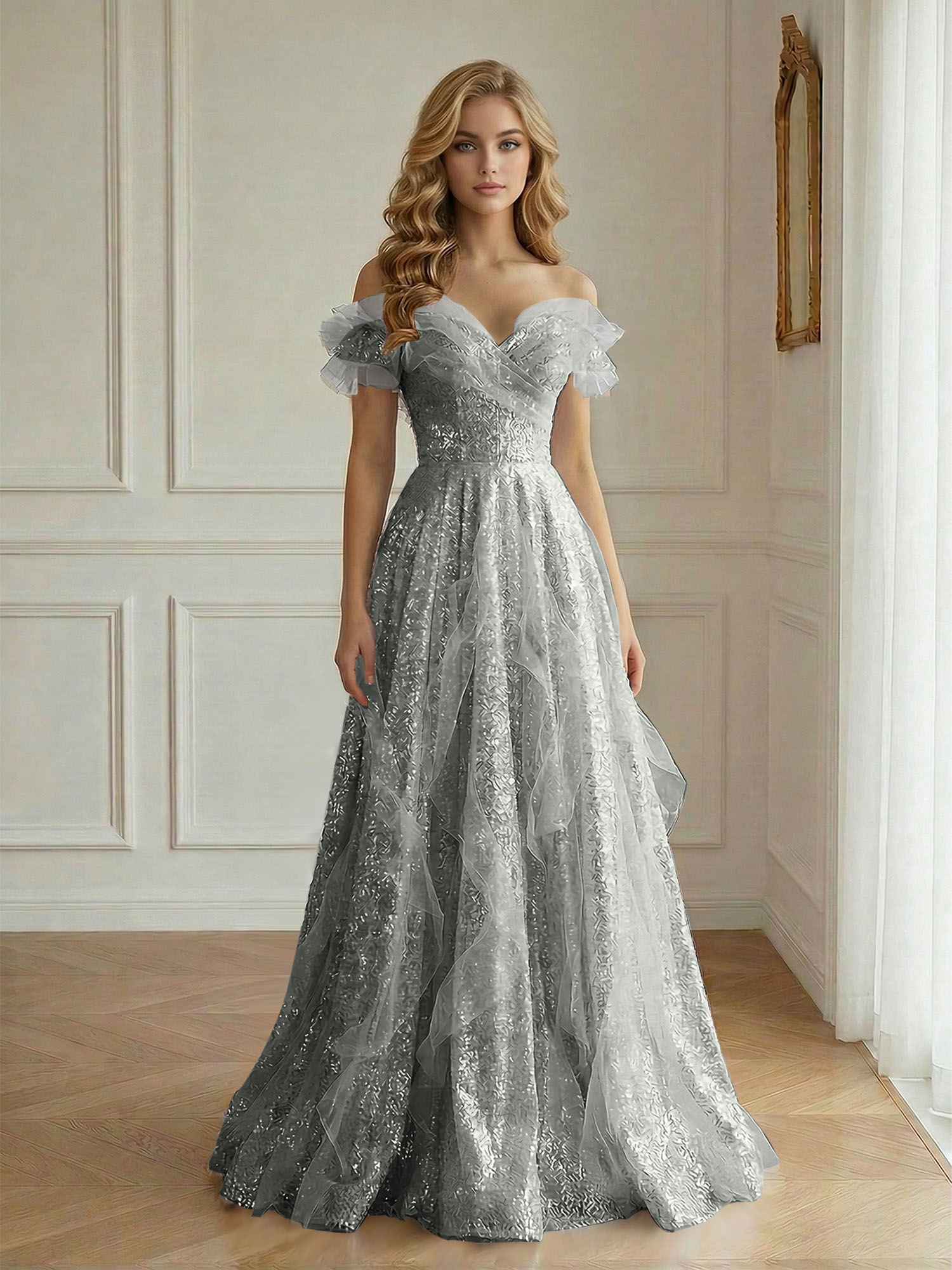 Enchanting Off-the-Shoulder Sequin Tulle A-Line Gown with Ruffled Detailing