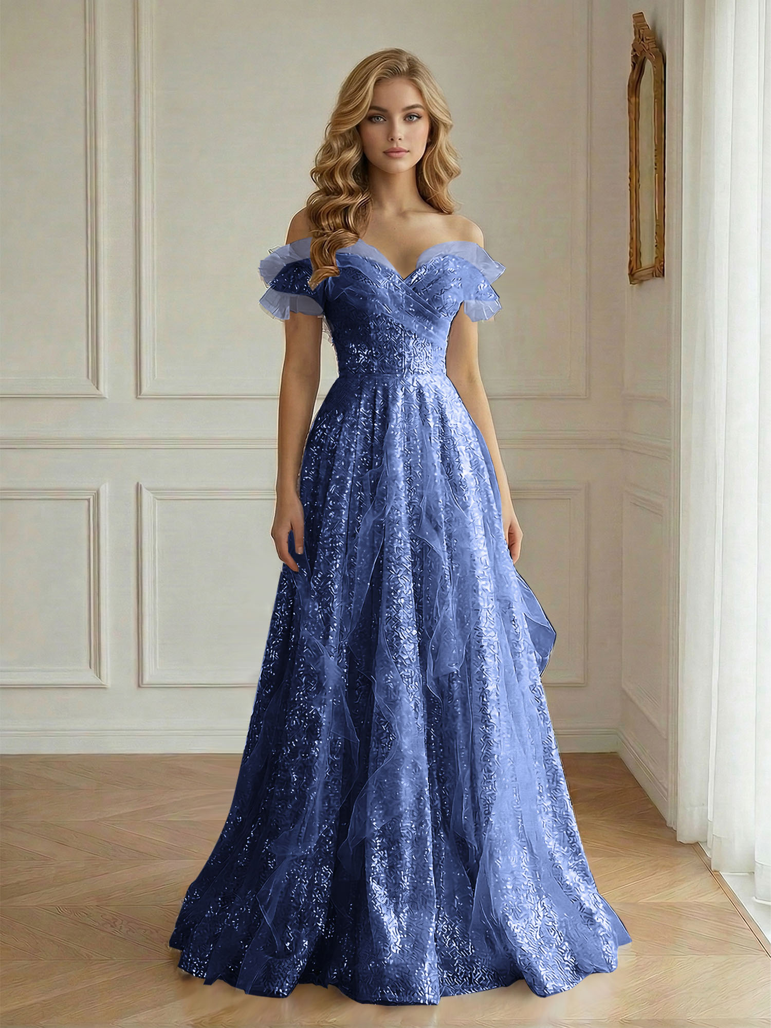 Enchanting Off-the-Shoulder Sequin Tulle A-Line Gown with Ruffled Detailing
