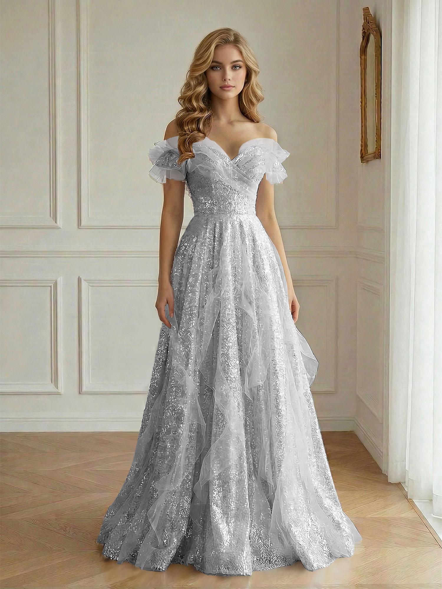 Enchanting Off-the-Shoulder Sequin Tulle A-Line Gown with Ruffled Detailing