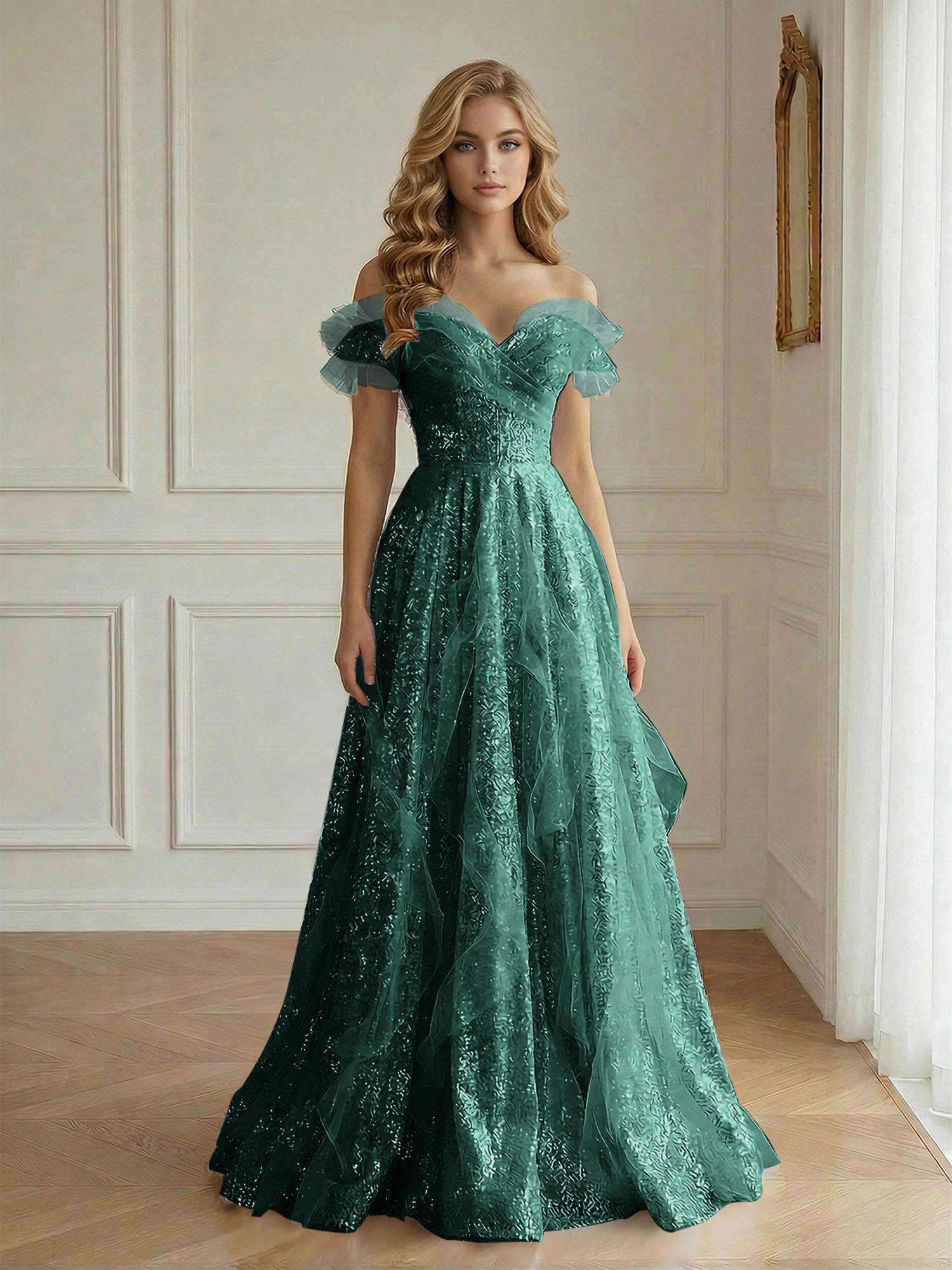 Enchanting Off-the-Shoulder Sequin Tulle A-Line Gown with Ruffled Detailing