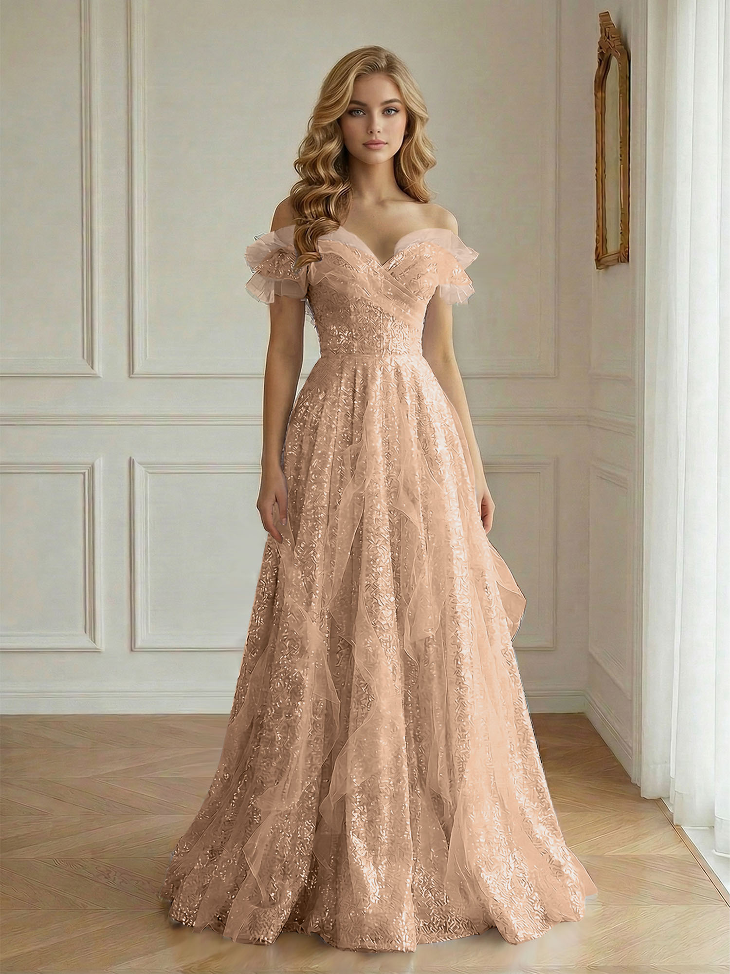 Enchanting Off-the-Shoulder Sequin Tulle A-Line Gown with Ruffled Detailing